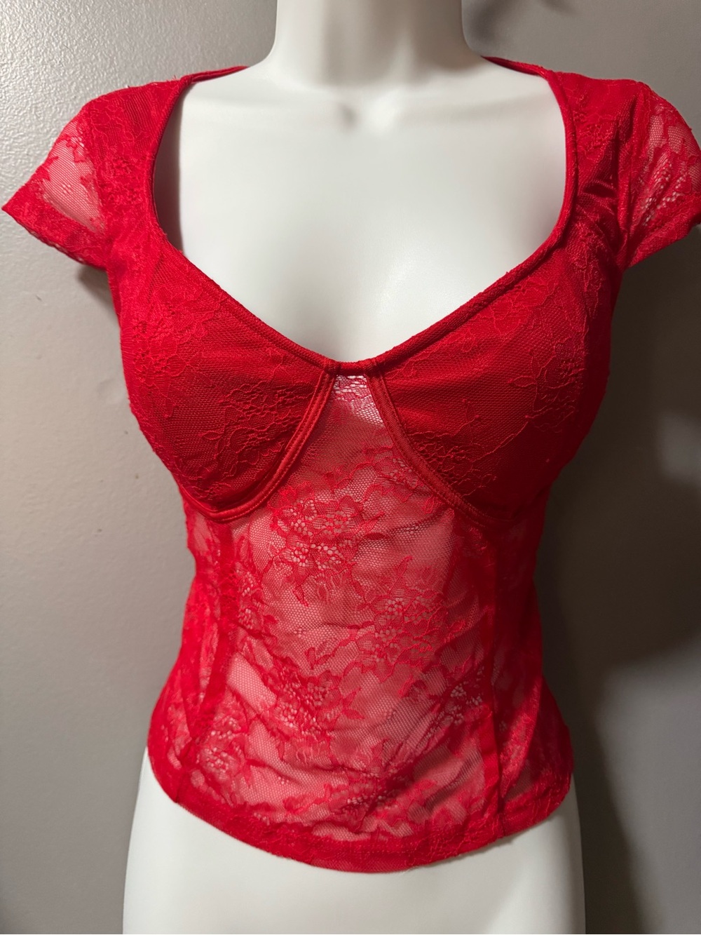 Sheer Red Lace Cap Sleeve Bustier Chemise - Elegant Intimates